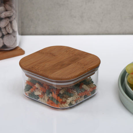 Nilkamal Square Shape 450 Ml Canister With Bamboo Lid Transparent