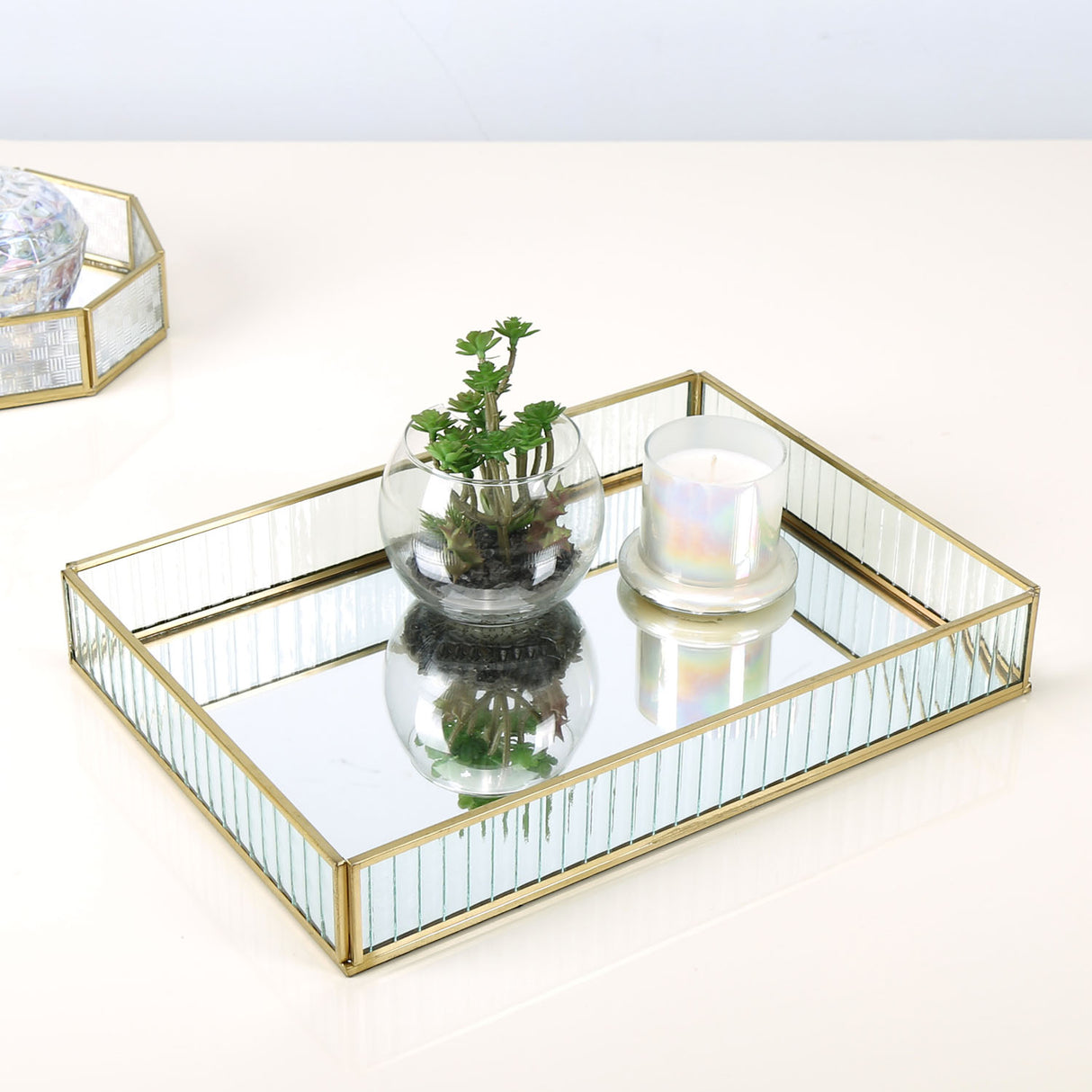 Nilkamal Decorative Iron & Glass Rectangular Tray (Gold)