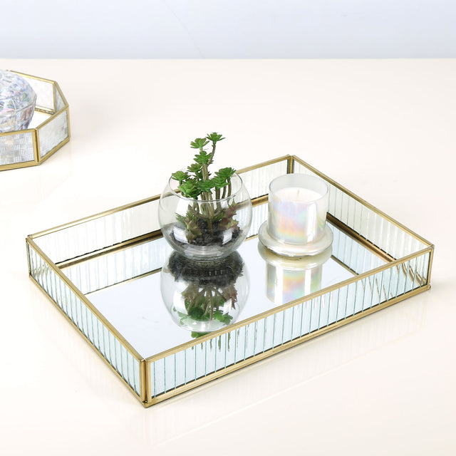 Nilkamal Decorative Iron & Glass Rectangular Tray (Gold)