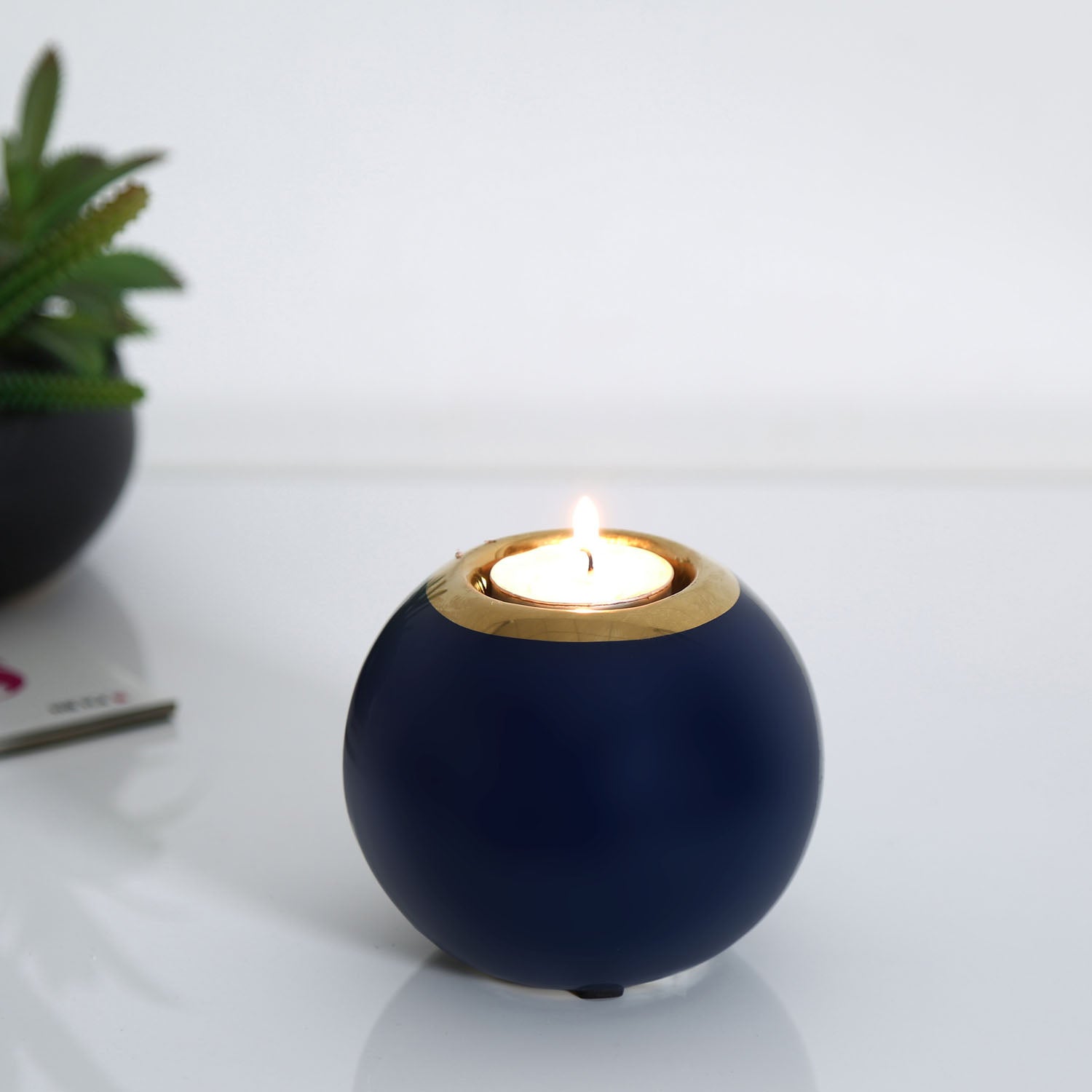Decorative Round Ceramic Votive (Blue & Gold)
