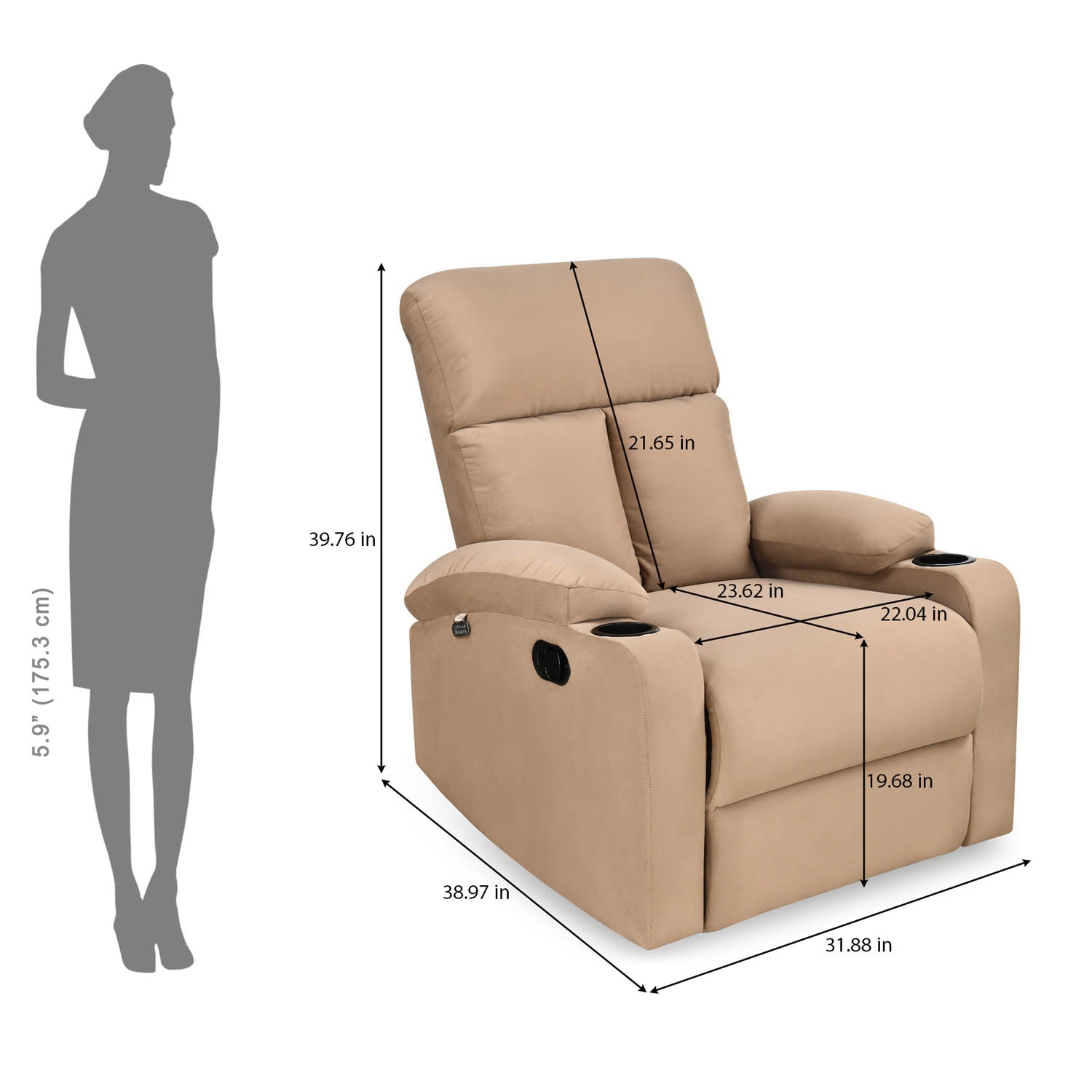 Lazio 1 Seater Manual Recliner with Cup Stand- Sand Brown