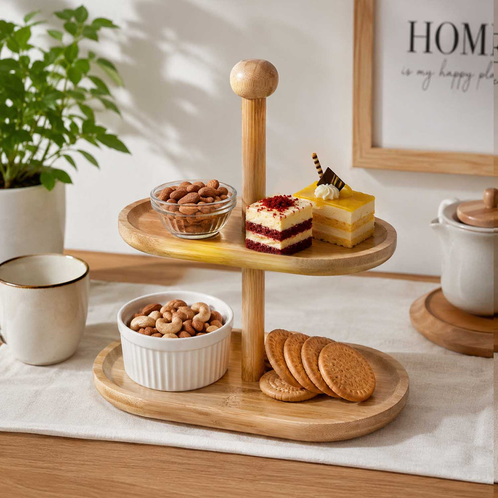 2 Tier Bamboo Serving Platter Stand- Beige