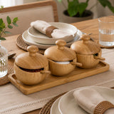 Bamboo Serving Bowls and Spoons Set of 3 with Lid- Beige