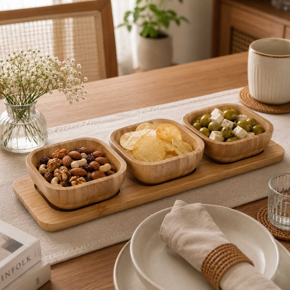 Bamboo Serving Plate with 3 Bowls- Beige