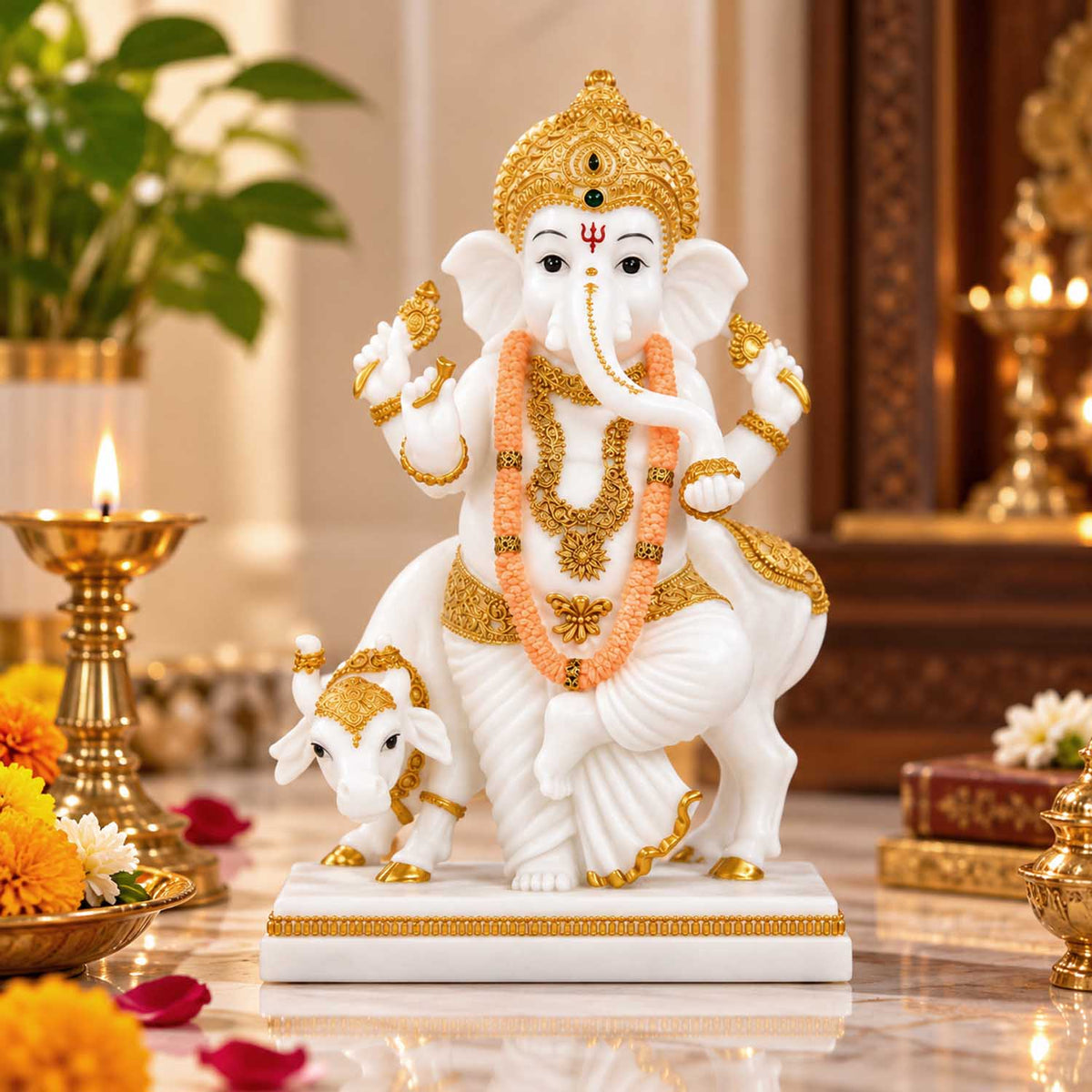Vandanam Decorative Ganesha and Cow Showpiece- White & Gold