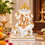 Vandanam Decorative Ganesha and Cow Showpiece- White & Gold