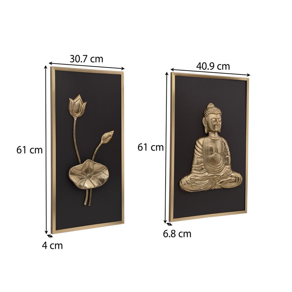 Buddha and Lotus Wall Art Set of 3 - Gold and Brown