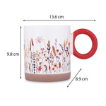 Floral Design 420 ml Round Handle Ceramic Coffee Mug- Red