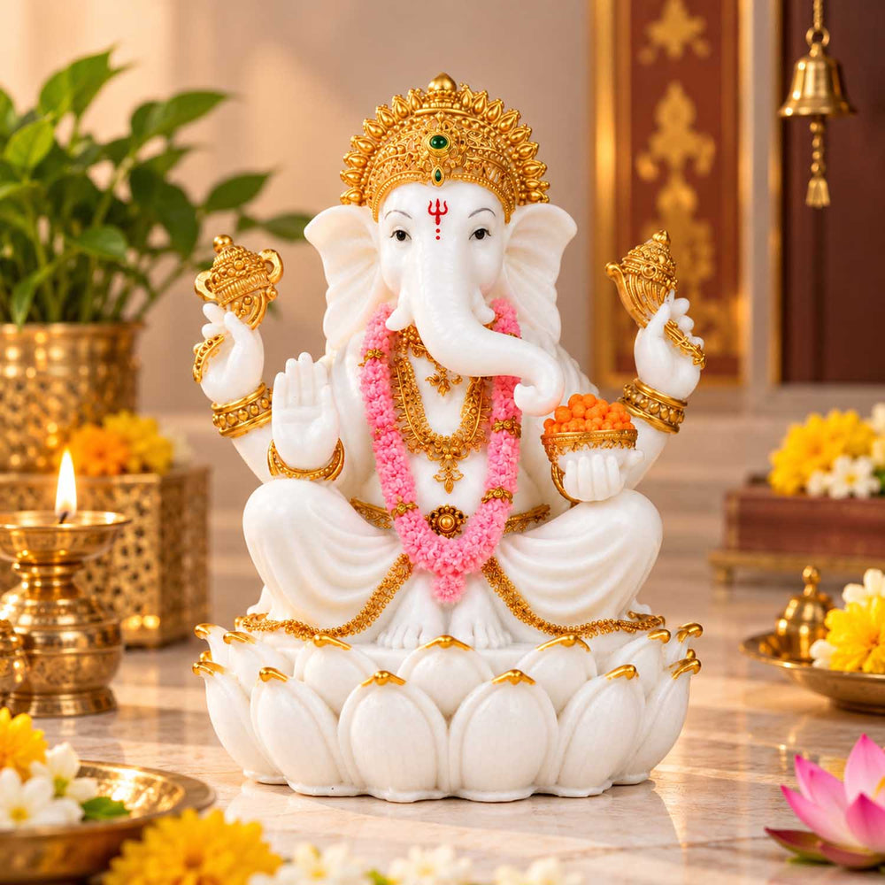 Vandanam Decorative Ganesha on Lotus Showpiece- White & Gold