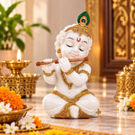 Vandanam Decorative Baby Krishna with Flute Showpiece- White & Gold