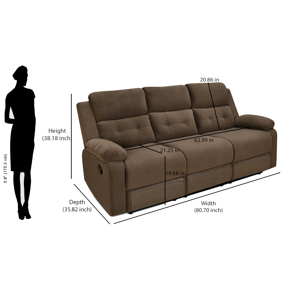 Derik 3 Seater Manual Fabric Recliner Sofa- Brown