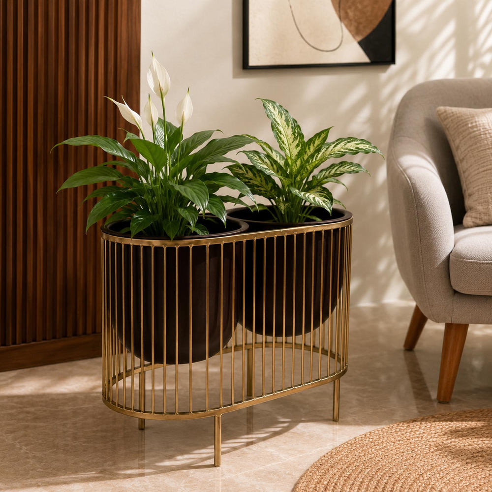 Two Pot Metal Planter- Gold & Brown