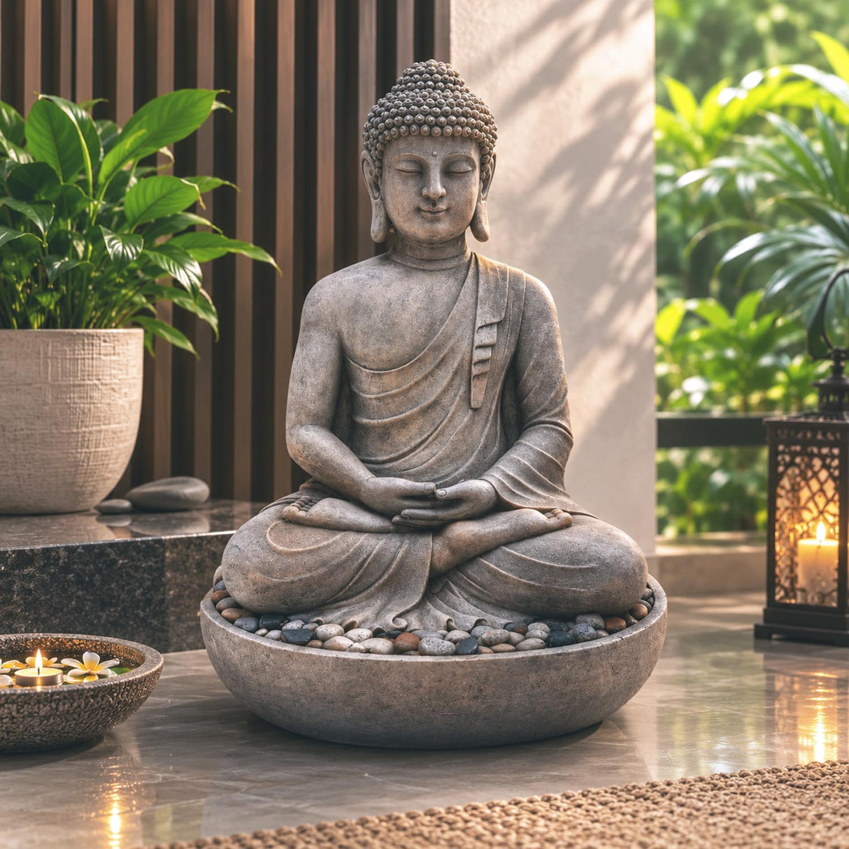 Meditating Buddha Polyresin Outdoor Showpiece- Grey