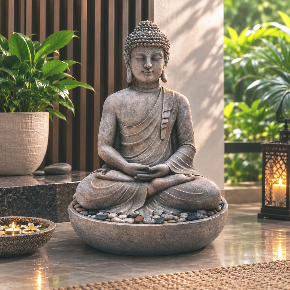 Meditating Buddha Polyresin Outdoor Showpiece- Grey