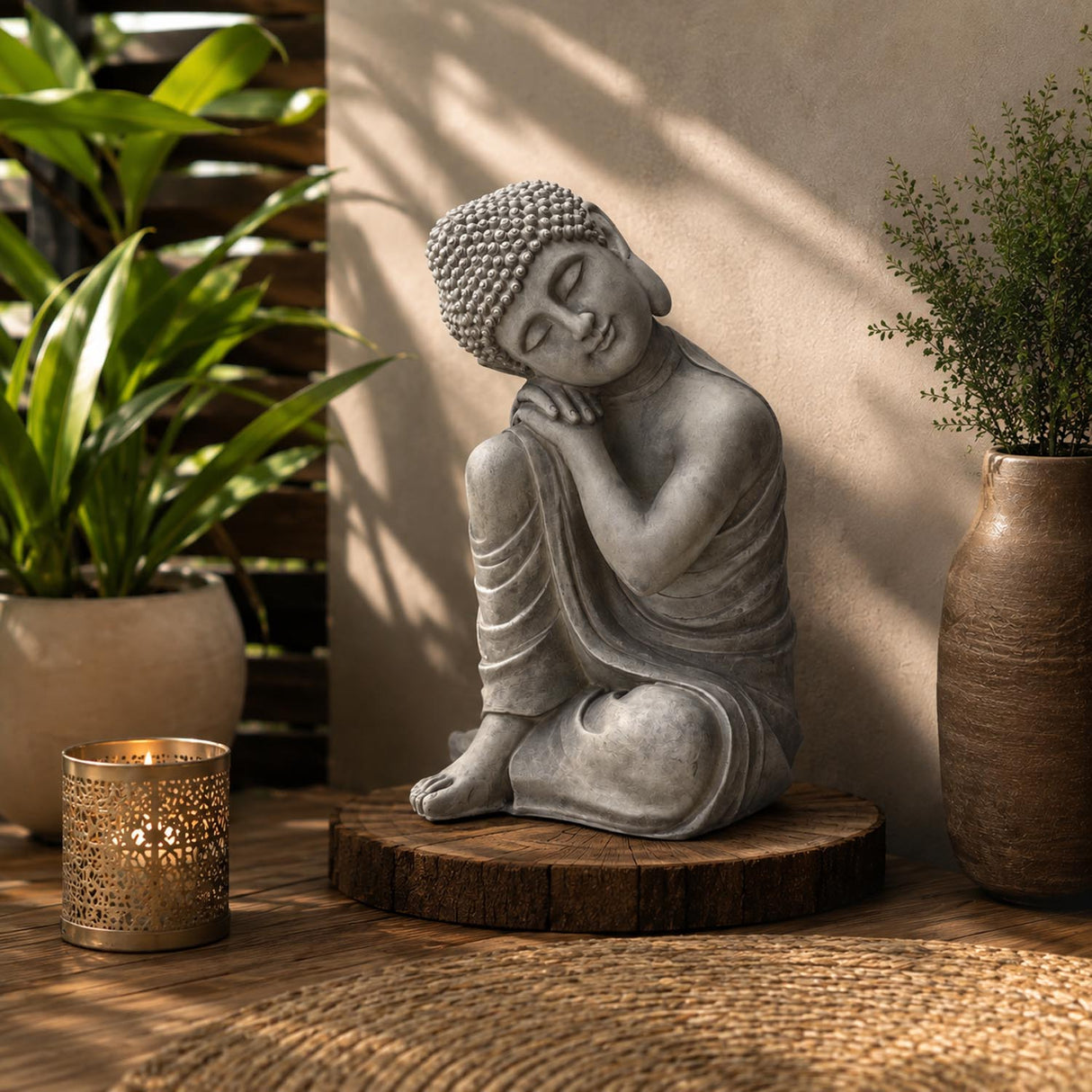 Buddha Resting On Knee Polyresin Outdoor Showpiece- Grey