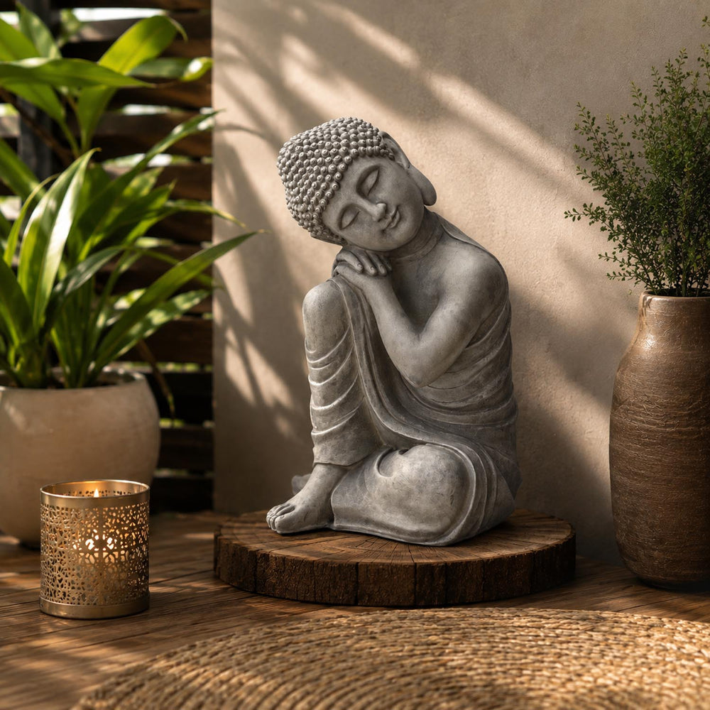 Buddha Resting On Knee Polyresin Outdoor Showpiece- Grey