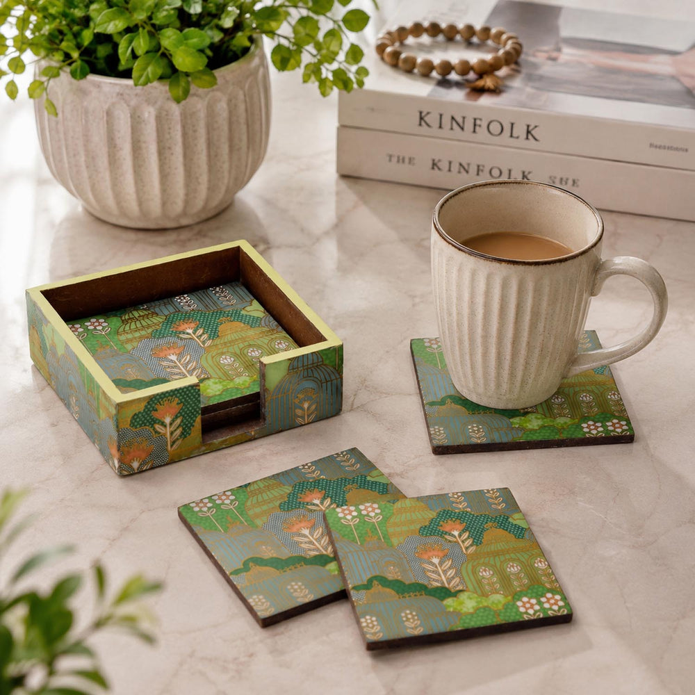 Decorative Coaster Set of 4 with Holder- Green