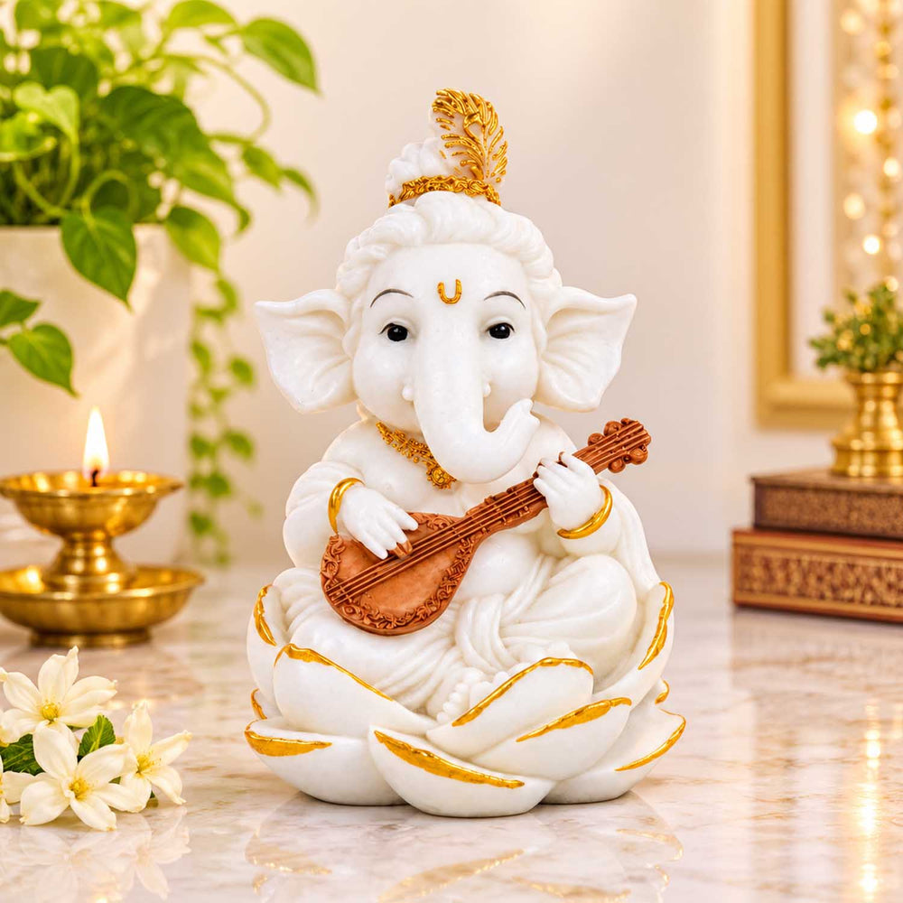 Vandanam Decorative Ganesha Veena Showpiece- White & Gold