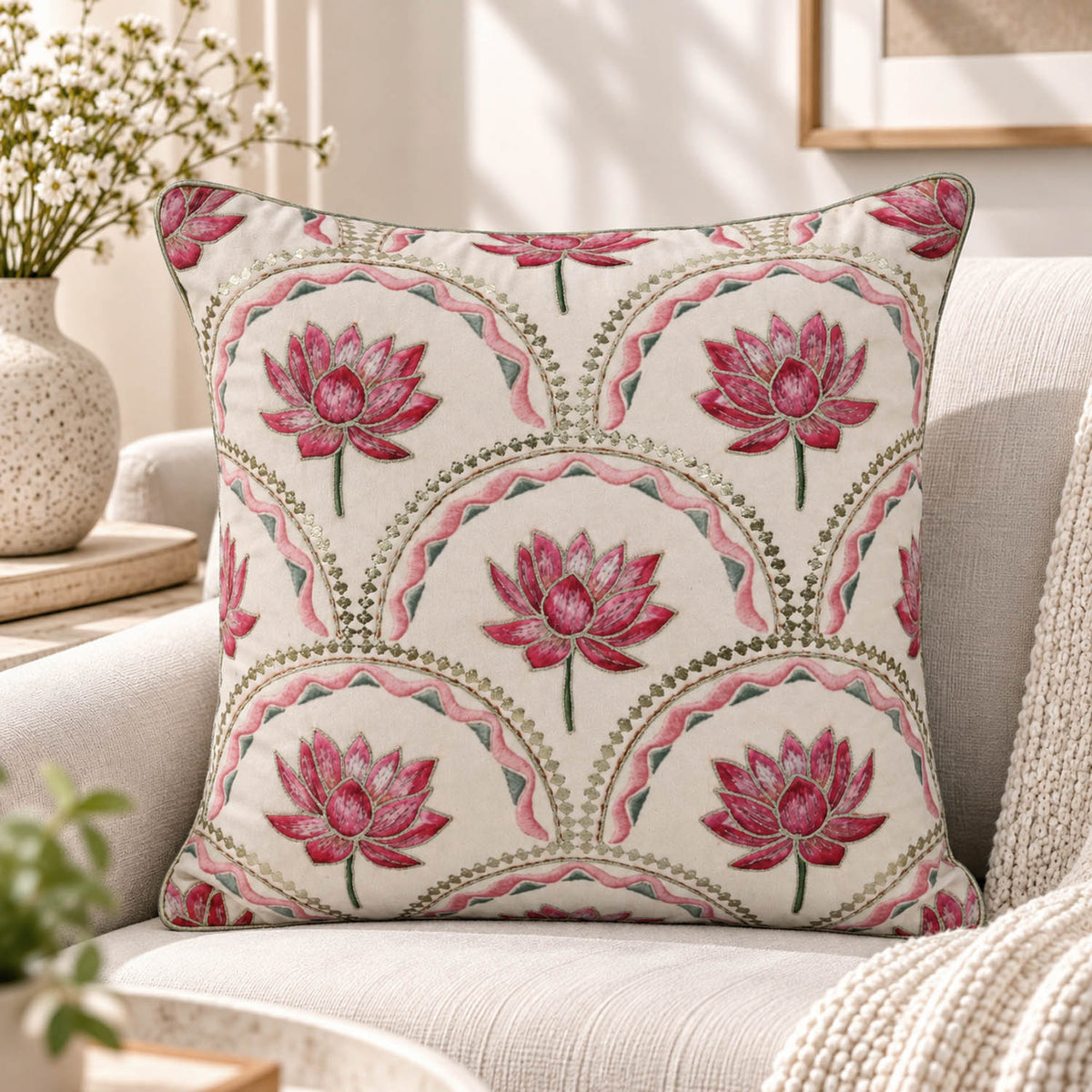 Madhuban Mini Lotuses 16" x 16" Cushion Cover- Pink
