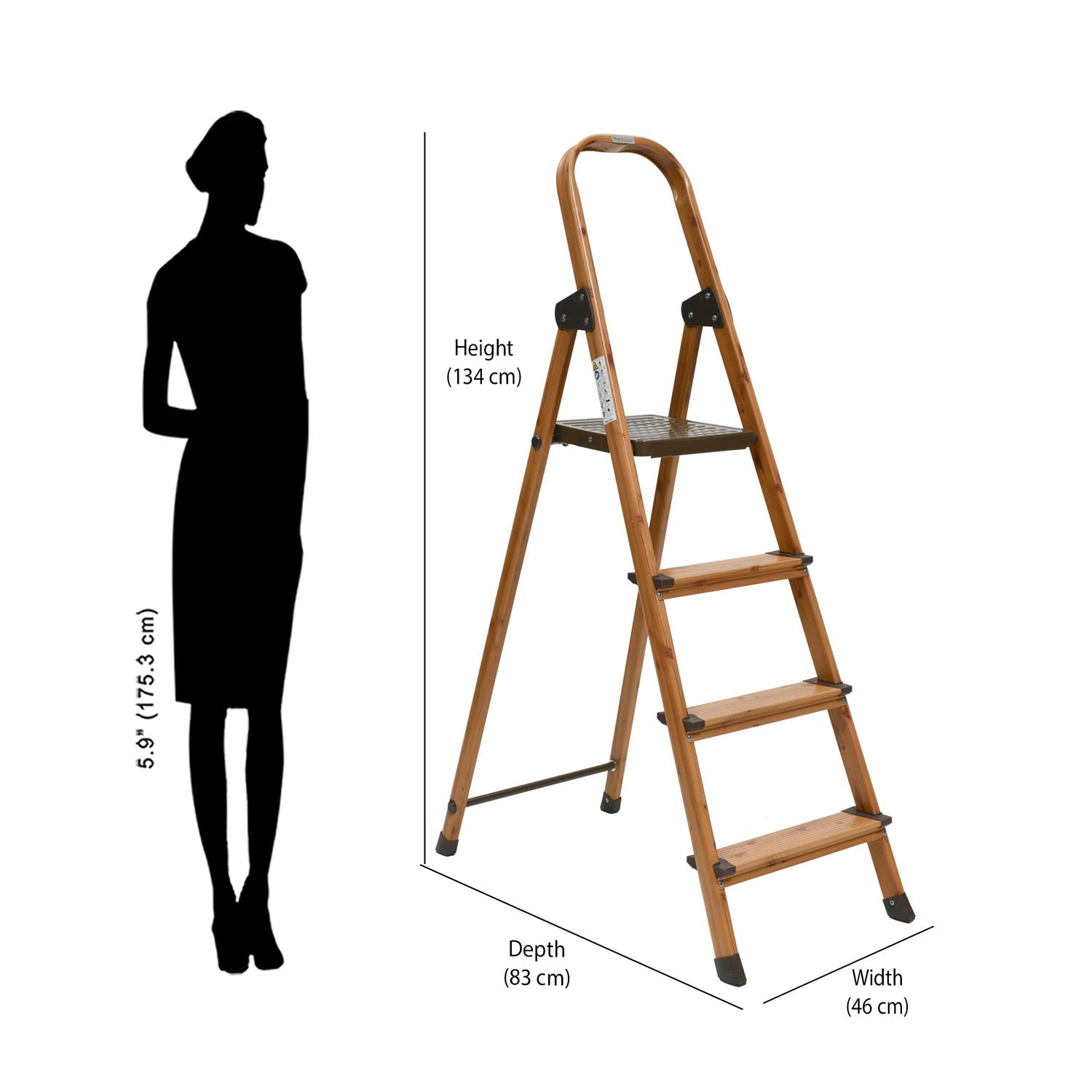 4 Steps Wooden Finished Foldable Aluminum Ladder- Brown