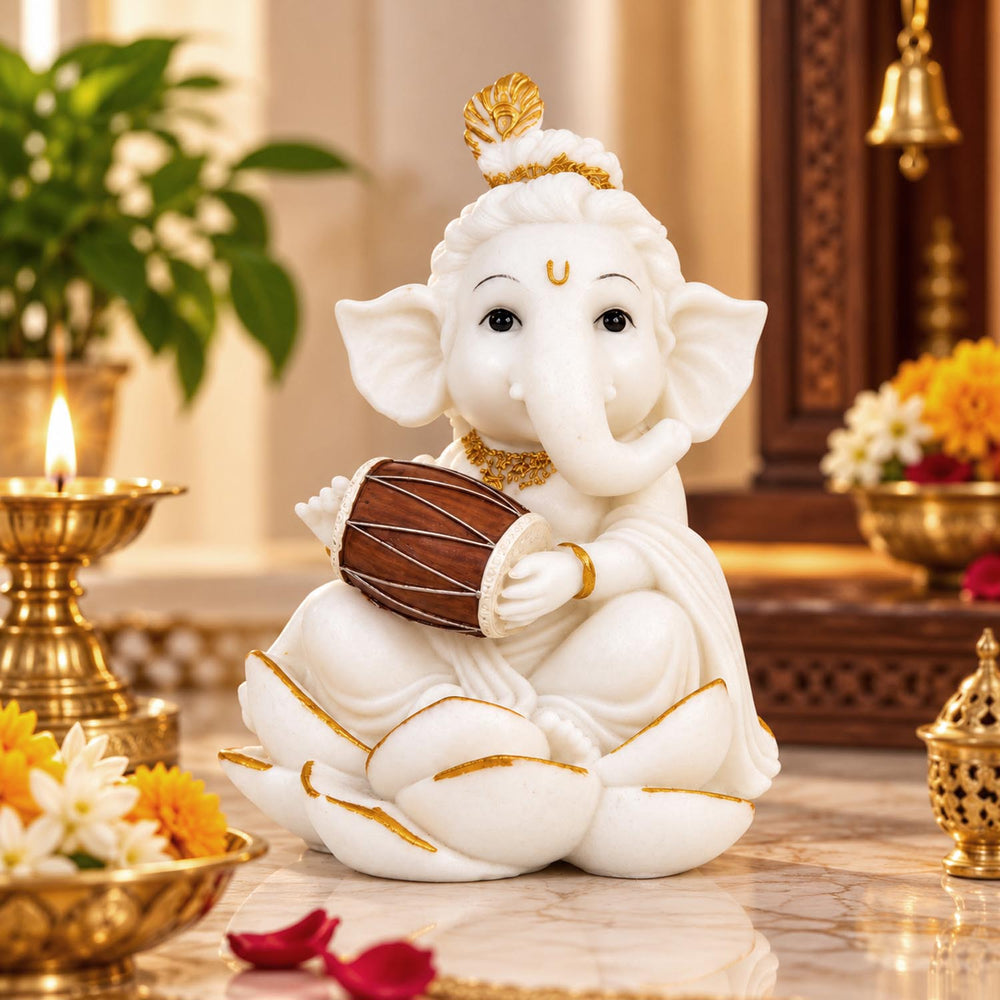 Vandanam Decorative Ganesha with Dhol Showpiece- White & Gold