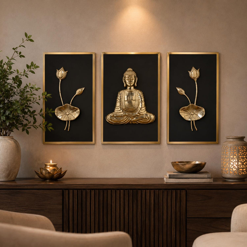 Buddha and Lotus Wall Art Set of 3 - Gold and Brown