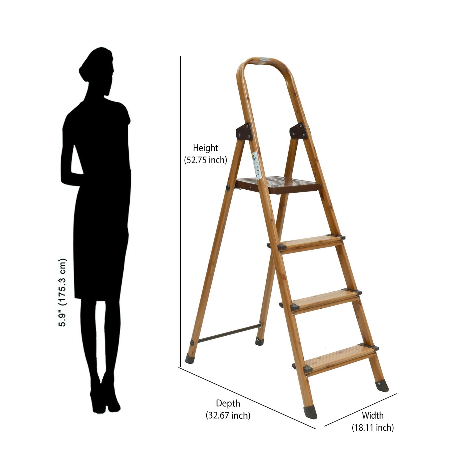 4 Steps Wooden Finished Foldable Aluminum Ladder- Brown