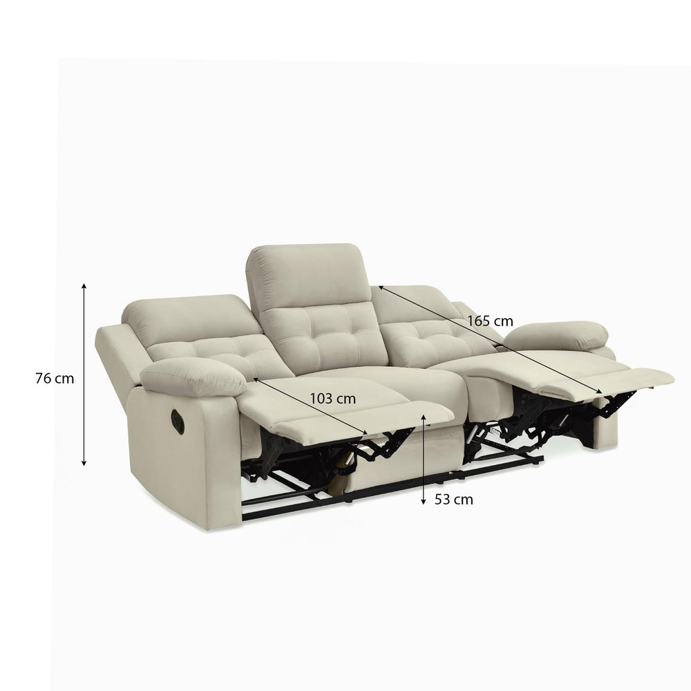 Derik 3 Seater Manual Recliner Sofa- Beige