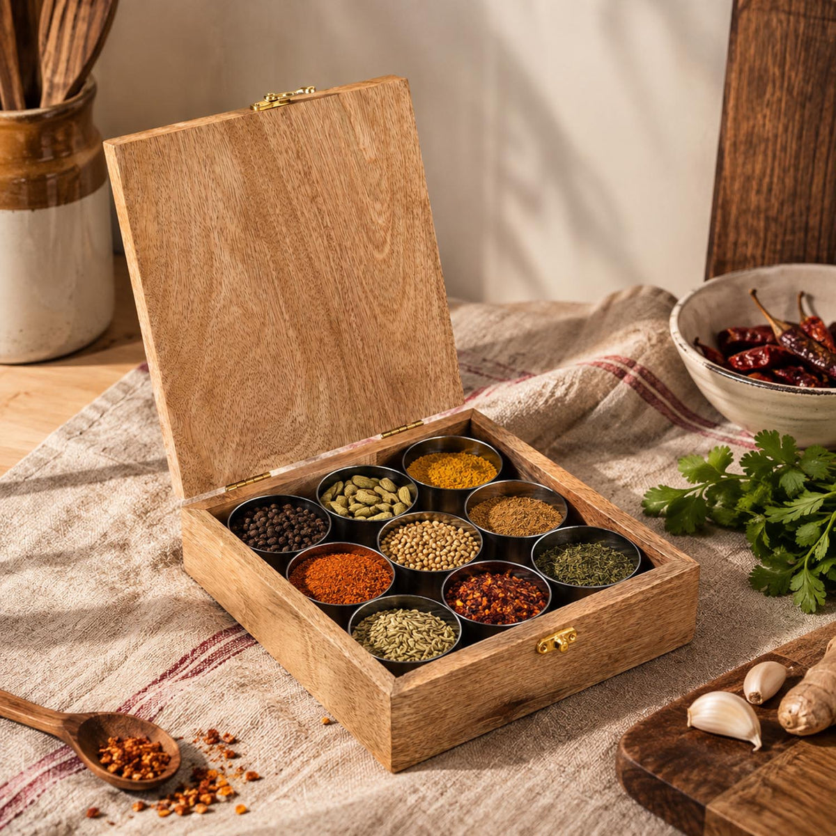 Wooden Masala Box With Stainless Steel Bowls- Yellow