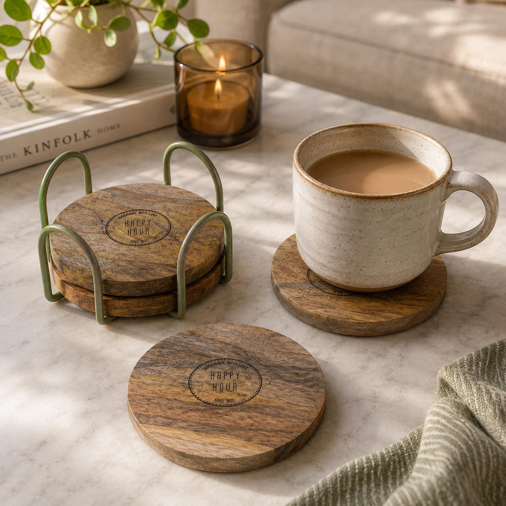 Happy Hour Wooden Printed Coaster Set of 4 with Stand- Sage Green