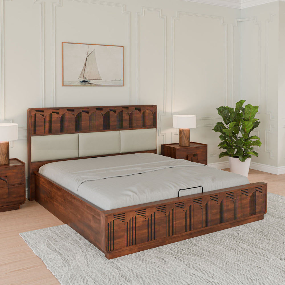 Albury Solid Wood Queen Bed with Hydraulic Storage- Antique Cherry