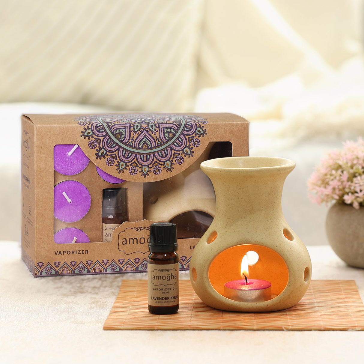 IRIS Amogha Lavender Khus Fragrance Vaporizer with 4 Tealights and Vaporizer Oil (10 ml)