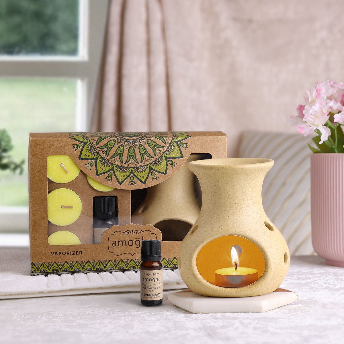 IRIS Amogha Lemon Grass Fragrance Vaporizer with 4 Tealights and Vaporizer Oil (10 ml)