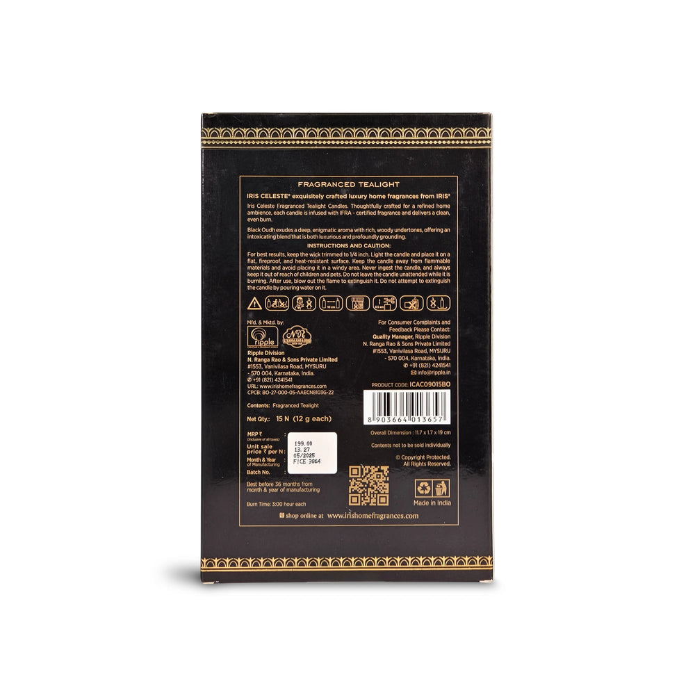 Iris Celeste Black Oudh Fragranced Tealight Candles Pack of 15