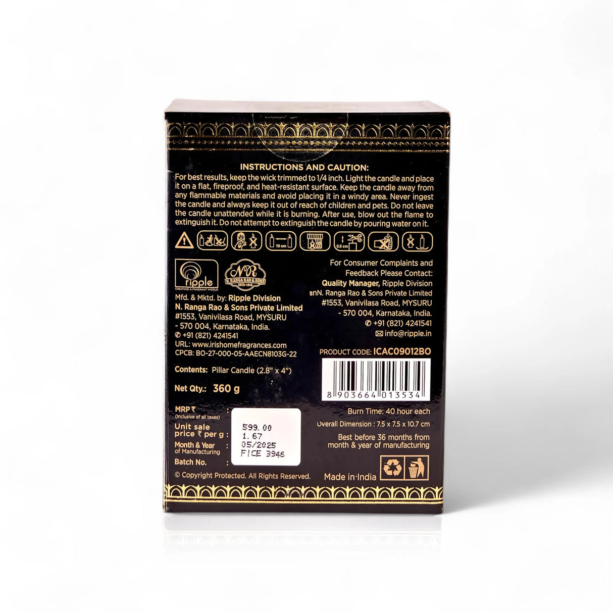 Iris Celeste Pillar Candle- Black, 2.8 X 4 Inch