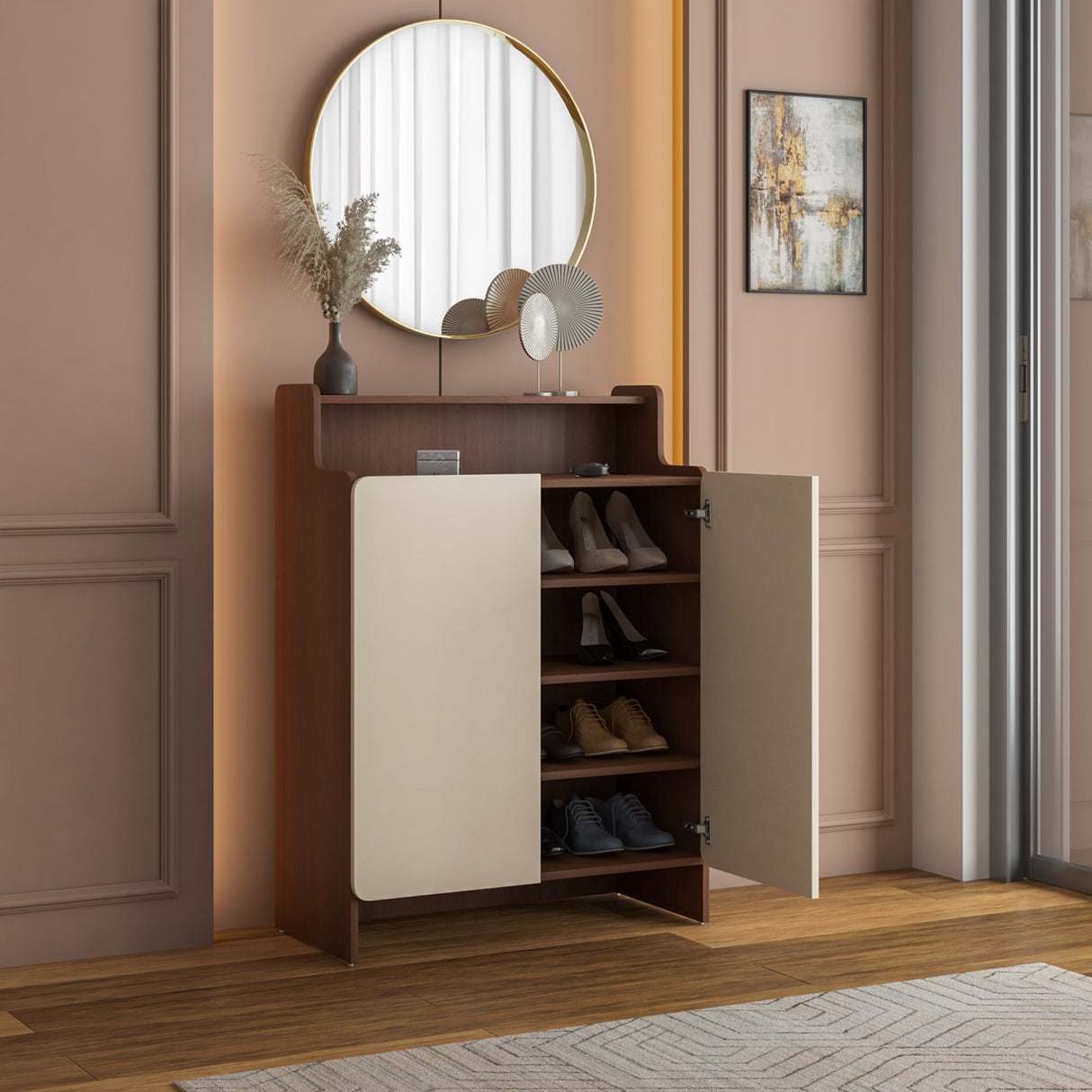 Benny 2 Door Shoe Cabinet- Legno Oak Dark & Ivory