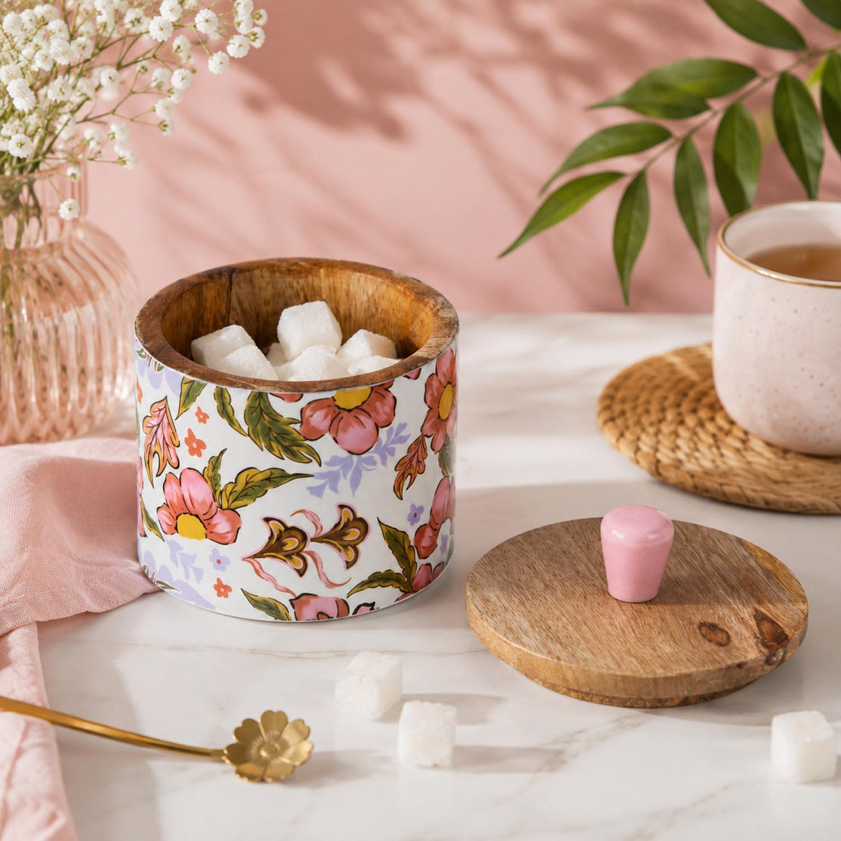 Small Round Wooden Cannister- Pink