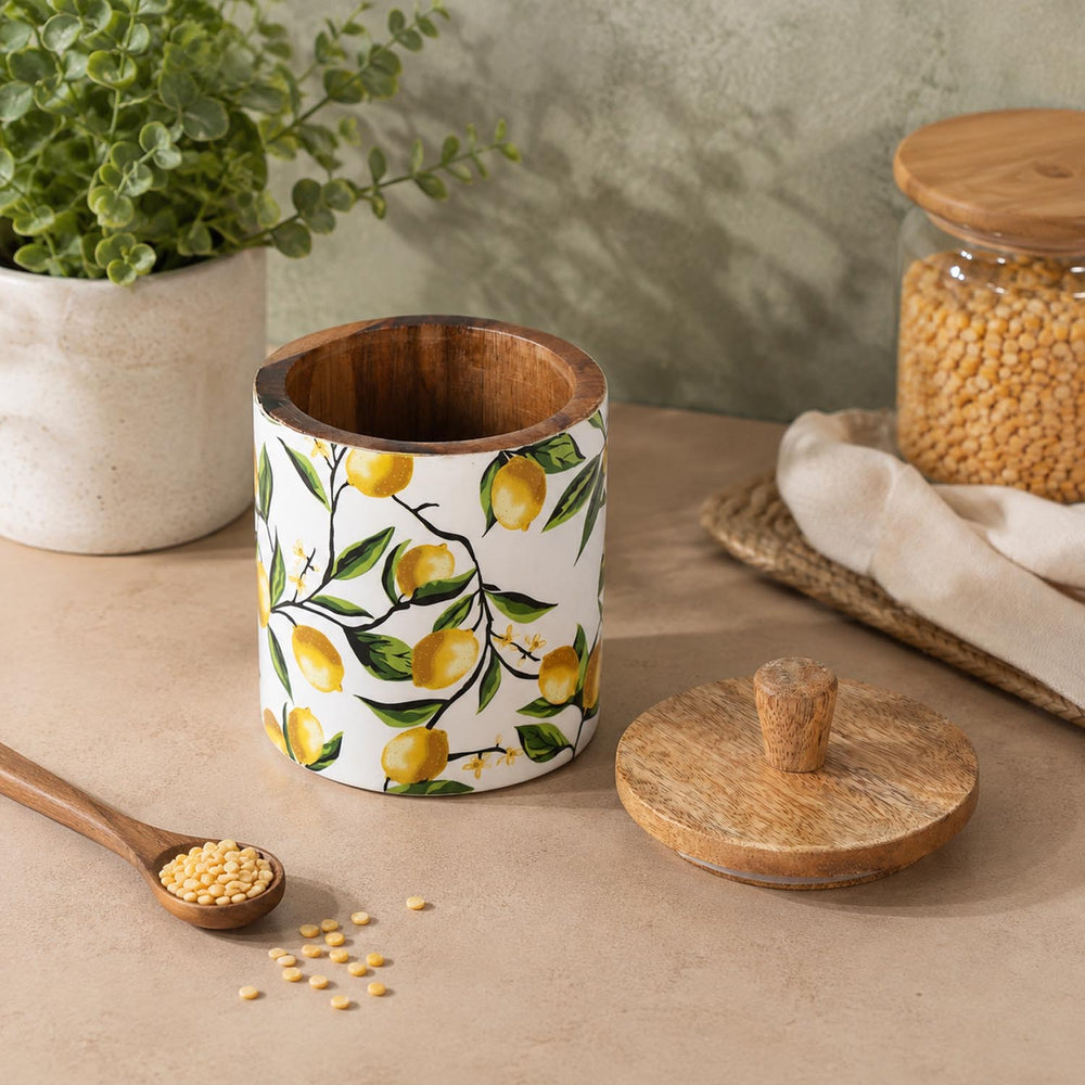 Small Round Wooden Cannister- Yellow