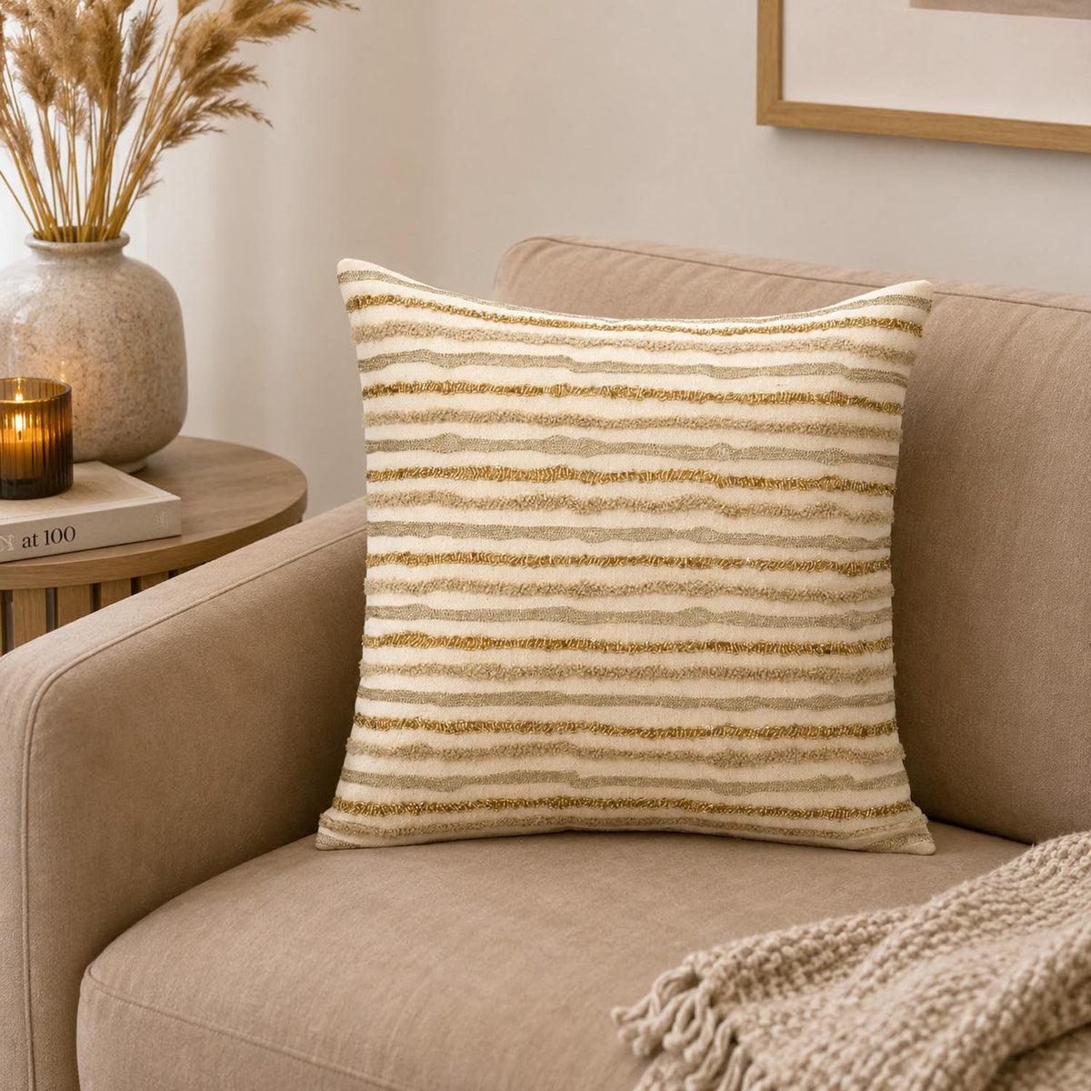 Striped Cotton 16" x 16" Cushion Cover- Beige