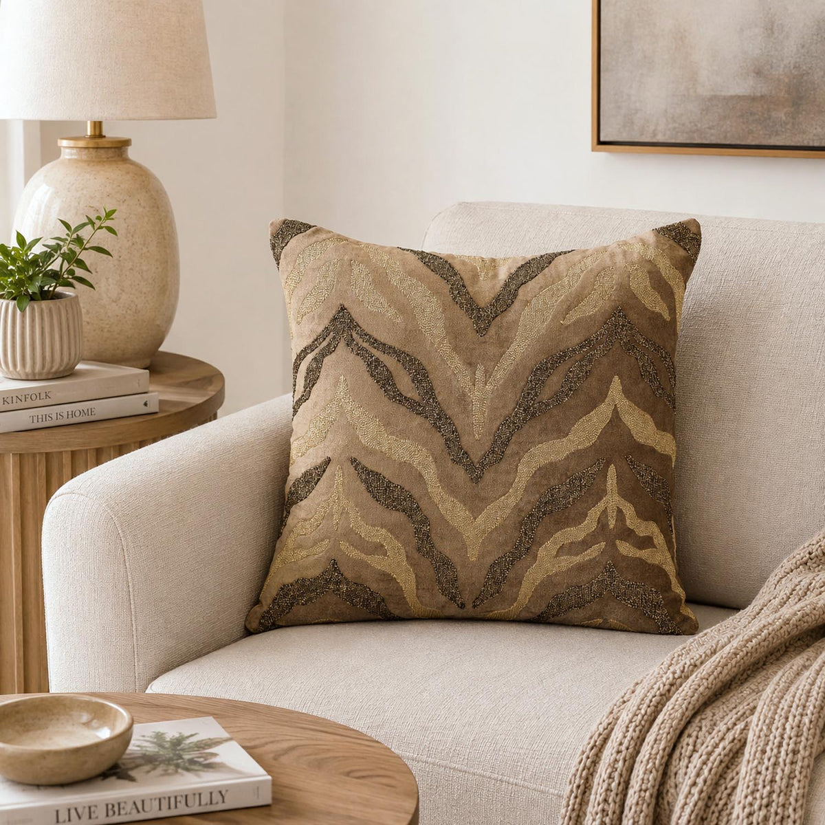 Decorative Waves Vicose Velvet 16" x 16" Cushion Cover- Gold