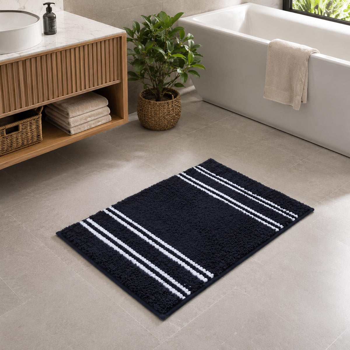 Dual Pattern Polyester 16" x 24" Bath Mat- Dark Blue