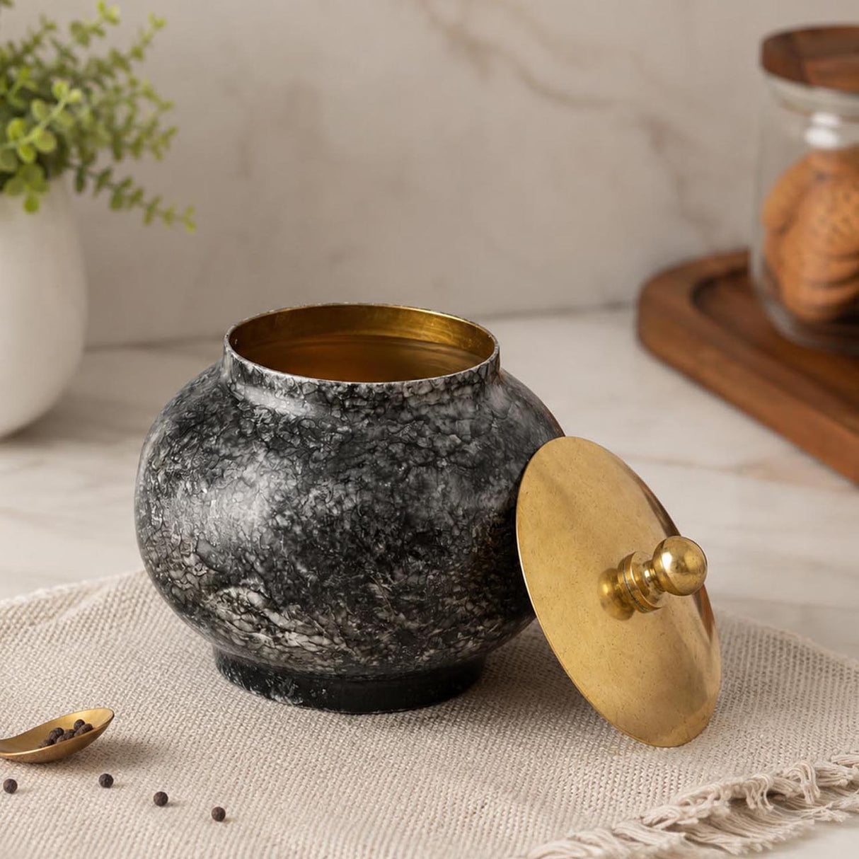Round Metal Cannister with Lid- Black & Gold