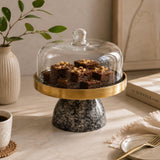 Metal Cake Stand with Glass Dome- Small, Black & Gold
