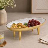 Oval Serving Plate with Legs- Small, White & Gold