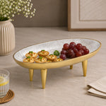 Oval Serving Plate with Legs- Small, White & Gold