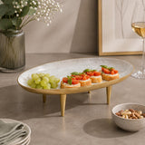 Oval Serving Plate with Legs- Large, White & Gold
