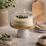 Metal Cake Stand with Glass Dome- Large, White & Gold