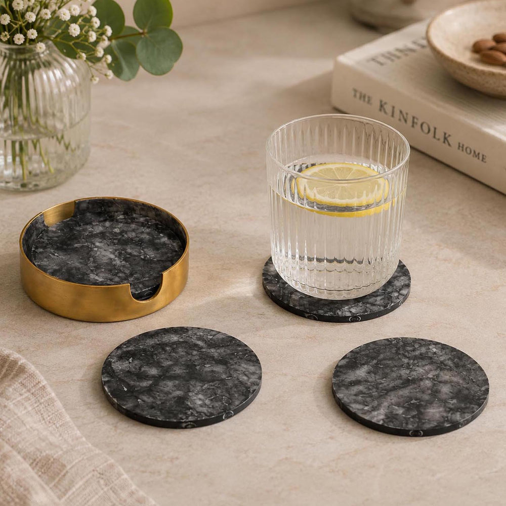 Round Coasters Set of 4 with Holder- Black & Gold