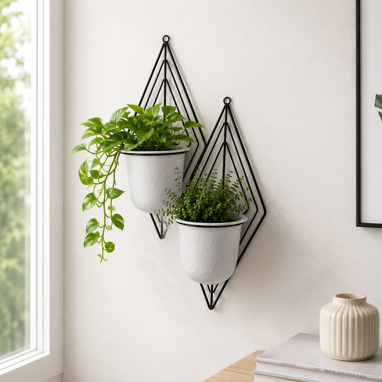 Wall Mountable Metal Duo Planter- Ivory & Black