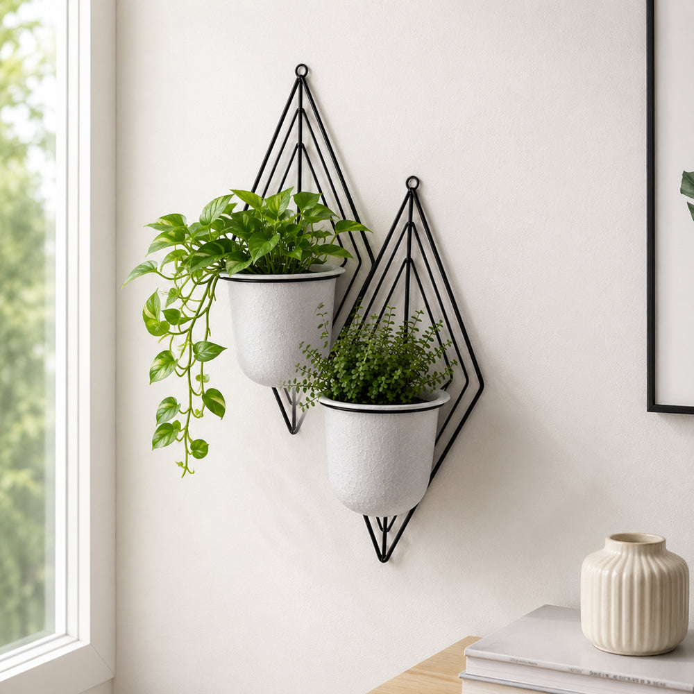 Wall Mountable Metal Duo Planter- Ivory & Black